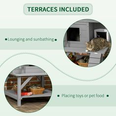 there is a cat that is laying on top of a pet house and the words terraces included