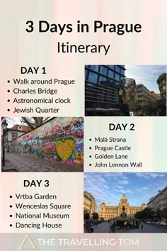 three days in prague itinerary with pictures of the city and its attractions, including buildings