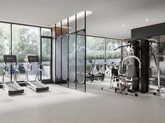 a gym with treadmills, exercise machines and windows