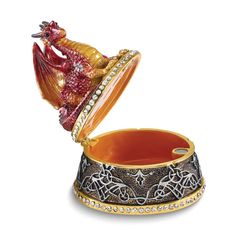 Gold-tone over pewter enameled KAI red dragon trinket box with clear and black crystals. Comes with matching 18 inch necklace. Trinket Box measures approximately 2 15/16"L x 2 15/16"W x 3 3/8"H and have a magnetic closure. Ornate Enamel Necklaces For Gifts, Amulet Jewelry With Dragon Design For Gift, Dragon Design Amulet Jewelry Gift, Dragon Locket, Dragon Gem Necklace, Dragon Necklace, Packaging Gift, Swarovski Stones, Red Gift