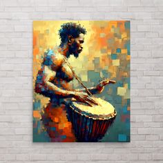 an abstract painting of a man playing the drums on a brick wall in front of a white brick wall