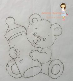 a drawing of a teddy bear with a bottle on it's back and a girl standing in the background