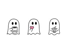 three ghost with coffee cups in their hands and one has a heart on its nose