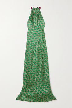 Saloni's collections come alive with vibrant, colorful prints. Cut from hammered silk-satin, this 'Michelle' maxi dress is patterned with repeating reeds against a verdant emerald-green base and falls in a figure-skimming shape. Match your shoes to the purple velvet ties. Vibrant Green Silk Dress With Print, Green Silk Dress With Vibrant Print, Silk Dress With Vibrant Green Print, Silk Dresses With Vibrant Green Print, Elegant Silk Dress With Vibrant Print, Elegant Silk Dresses With Vibrant Print, Silk Evening Dress With Vibrant Print, Printed Fitted Silk Maxi Dress, Fitted Silk Maxi Dress With Print