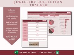 the jewelry collection trackerr is shown in red and white, with two screens showing each item