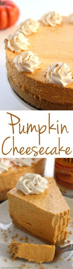 pumpkin cheesecake with whipped cream on top and in the middle, sitting on a plate