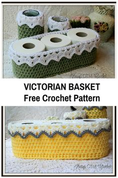 crochet basket with two rolls of toilet paper in it and the text, victorian basket free crochet pattern