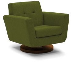 a green chair sitting on top of a wooden base