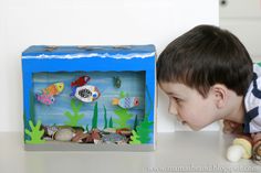 a young boy looking at a fish tank