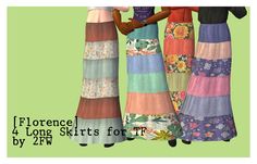 four long skirts for t4f are shown in three different colors and sizes, each with