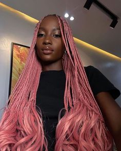 Pink Short Braids, Light Pink Braids Black Women, Pink French Curl Braids, Blonde And Pink Box Braids, Pink Goddess Braids, Pink Hair Braids, Pink Braids Black Women, Black And Pink Braids