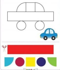 a blue car is sitting on top of a piece of paper with scissors in it