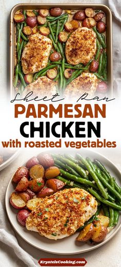 chicken with roasted vegetables and potatoes on a plate in front of the words, parmesan chicken with roasted vegetables