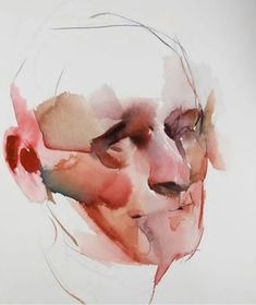 a watercolor painting of a man's face with his head tilted to the side