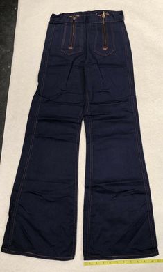 "* Tagged 26 x 32, Measurements Are * Rise 10\" * Length 41.5\" * Bottom Length 11\" * Waist 26\" * Inseam 30.5\" MPN: 625 R SKU:625stacy*" Fitted Wide Leg Jeans With Contrast Stitching, Mid-rise Dark Wash Pants With Contrast Stitching, Casual Fitted Flare Jeans With Contrast Stitching, Casual Mid-rise Flare Jeans With Contrast Stitching, Retro Stretch Cotton Jeans, Retro Straight Leg Bottoms With Contrast Stitching, Retro Stretch Jeans With Pockets, Retro Stretch Full-length Jeans, Retro Stretch Full Length Jeans