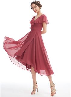 JJ's House Ruffle Chiffon V-Neck <=80 >=50 Fall Spring Summer Winter A-line Plus General Back Zip Minimalist Vintage Beach Simple Sweet & Flow Cinnamon Rose No Asymmetrical Red Model Name:Katy  Height:5.7ft（173cm）  Bust:40in（101cm）  Waist:32in（83cm）  Hips:44in（112cm. #JJ's House #Ruffle #Chiffon #VNeck #<=80 #>=50 #Fall #Spring #Summer #Winter #Aline #Plus #General #BackZip #Minimalist #Vintage #Beach #Simple #Sweet&Flow #CinnamonRose #No #Asymmetrical #Red #Cu Cute Prom Dresses Long Knee Length, Asymmetrical Bridesmaid Dress, Short Sleeve Prom Dresses, Ruffles Bridesmaid Dresses, Princess Bridesmaid Dress, Homecoming Dress Short, V Neck Cocktail Dress, A Line Cocktail Dress, Chiffon Cocktail Dress