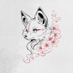 a drawing of a fox with flowers on it's head and the word love written in red ink