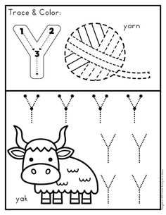 the letter y worksheet with an image of a cow