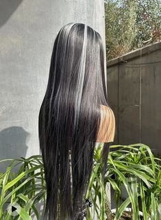 Jet Black Hair With Highlights, Black Hair With Grey Highlights, Highlight Black, Blonde Underneath, Wig Middle Part, Blonde Highlights On Dark Hair, Pale Complexion, Black Hair With Highlights, Hair Streaks