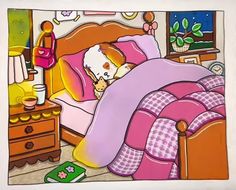 a painting of a teddy bear sleeping in a bed with pink and yellow comforter