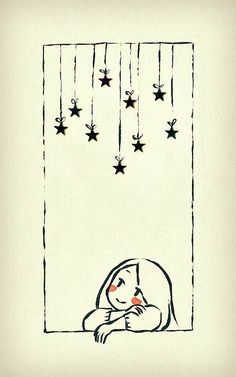 a drawing of a woman sitting in front of a window with stars hanging from it