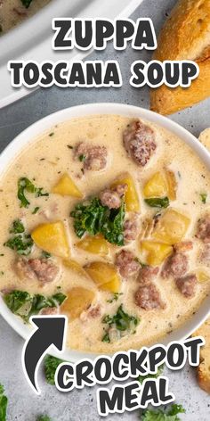 two bowls of soup with meat, potatoes and spinach on the side next to bread