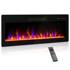 an electric fireplace with remote control and flames on the side, in front of a white background