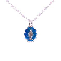 Silver Miraculous Medal with Blue Enamel & Pearls - Beaded Chain 20 - Guadalupe Gifts Blue Pearl Necklace With Pearl Charm As Gift, Silver Pearl Necklace With Charms For Gift, Blue Enamel Necklaces With Lobster Clasp, Silver Pearl Necklace With Charms As A Gift, Blue Medallion Jewelry With Adjustable Chain, Silver Necklace With Miraculous Medal For Gift, Silver Necklace With Miraculous Medal As Gift, Silver Medallion Necklace With Pearl Charm, Spiritual Blue Charm Necklace