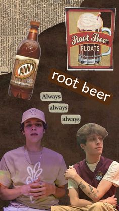 two men sitting next to each other in front of a poster with root beer on it