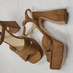 Up For Sale Is A Brand New Pair Of Sexy Sandals That Feature A 5.5" Heel With A 1.75: Platform Brown Sandals For Party, Brown Medium Width Sandals For Party, Brown Suede Heels With Heel Loop, Brown Suede Sandals With Wrapped Heel, Brown Suede Open Toe Heels, Camel Sandals, Retro Color, Nine West Shoes, Nine West