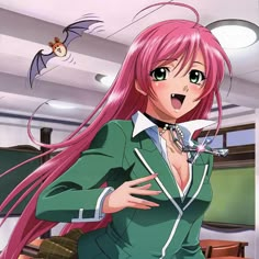 an anime character with pink hair and green eyes