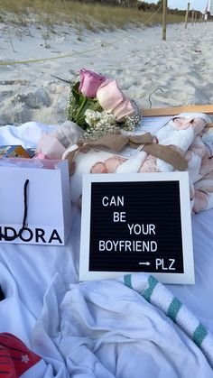 there is a sign that says can be your boyfriend plz and flowers on the beach