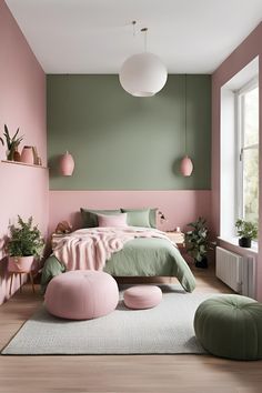 a bedroom with pink and green walls, white rugs and large round bean chair