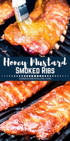 honey mustard smothered ribs are being grilled on the grill with a brush