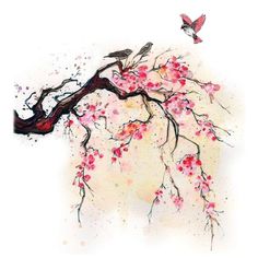 an image of a bird sitting on a branch with flowers and butterflies in the background