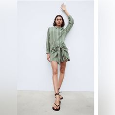 Zara The Zoe Dress In Moss Green Long Sleeves Vacay Faux Wrap Dress Size M New Made In Turkey Materials:55% Cotton 24% Polyester, 14% Viscose And 7% Linen Buttons Front Attached Wrap Can Be Styled Your Way Approximate Measurements Length 32” Shoulder 17” Armpit To Armpit 20” Sleeve Length 23” Please Refer To Pictures For Details. Bundle And Save!!! Offers Welcome :) Silver 0881 Chic Green Shirt Dress For Fall, Green Mini Dress For Fall Daywear, Zara Shirt Dress For Spring Party, Zara Shirt Dress For Fall Day Out, Zara Shirt Dress For Fall, Zara Shirt Dress For Date Night In Fall, Zara Shirt Dress For Fall Party, Zara Green Mini Dress For Work, Zara Denim Dress