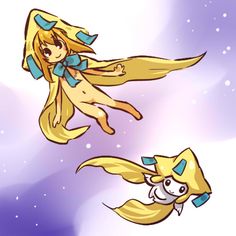 two anime characters flying through the air with long blonde hair and bows on their heads