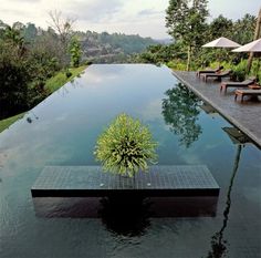 an empty pool surrounded by lawn chairs and umbrellas with trees in the water behind it