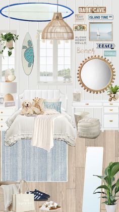 a bedroom with white walls and blue accents, including a dog laying on the bed