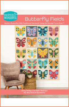 a book cover with an image of a chair in front of a quilted butterfly wall hanging