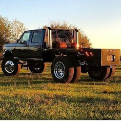 a large black truck parked on top of a lush green field