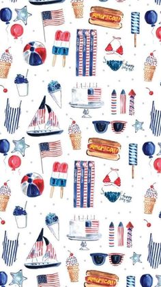 an american flag pattern on a white background with red, white and blue items all over it