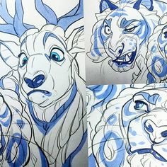 some drawings of lions with blue and white colors