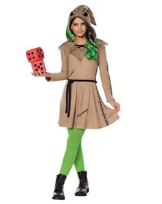 a woman dressed in a costume holding a dice