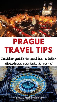 a large clock tower with the words prague travel tips on it's front cover