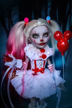 a creepy doll dressed in white and red with balloons on her head, holding a balloon