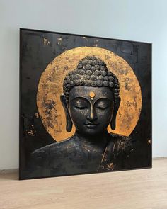 a buddha statue sitting on top of a wooden floor in front of a yellow and black background