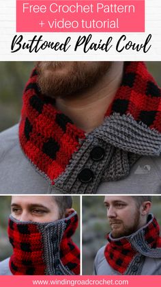 a man wearing a red and black scarf with the text, free crochet pattern