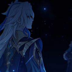 an anime character with long white hair standing in the dark, looking off into the distance