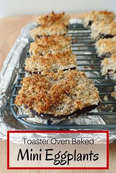 toaster oven baked mini eggplants on a baking sheet with text overlay